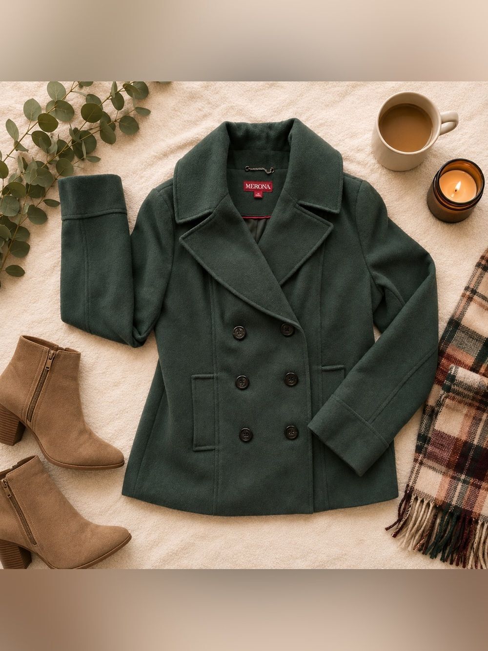 Merona Green Wool Blend Double Breasted Peacoat Jacket Size M